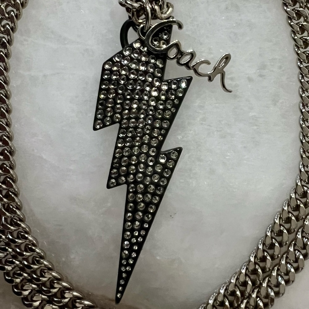 COACH Y2K Large Lightning Crystal Black Bolt Thick Silver Chain Limited Necklace - Picture 9 of 9